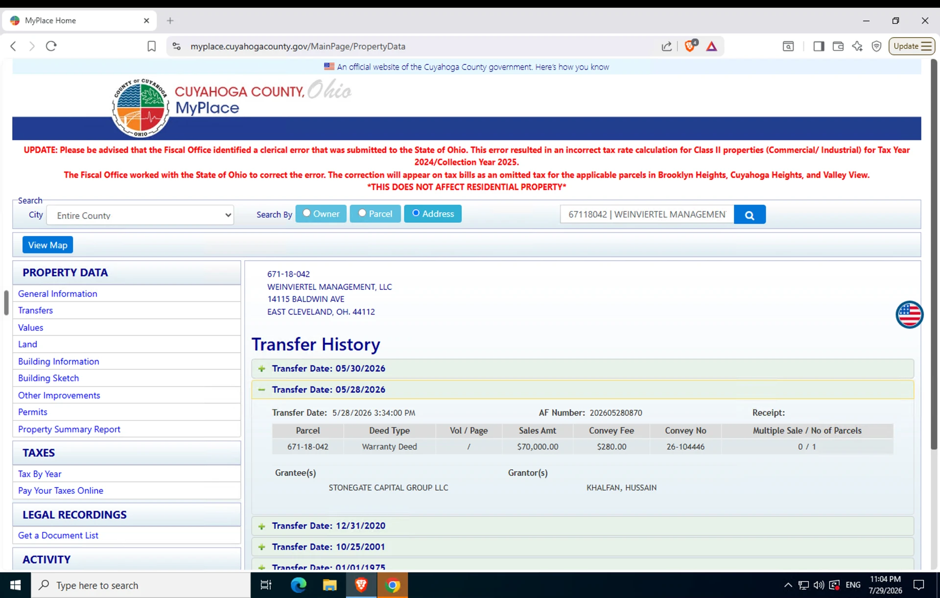 Cuyahoga County MyPlace transfer history showing parcel 671-18-042 conveyed by warranty deed to Stonegate Capital Group LLC on 5/28/2026