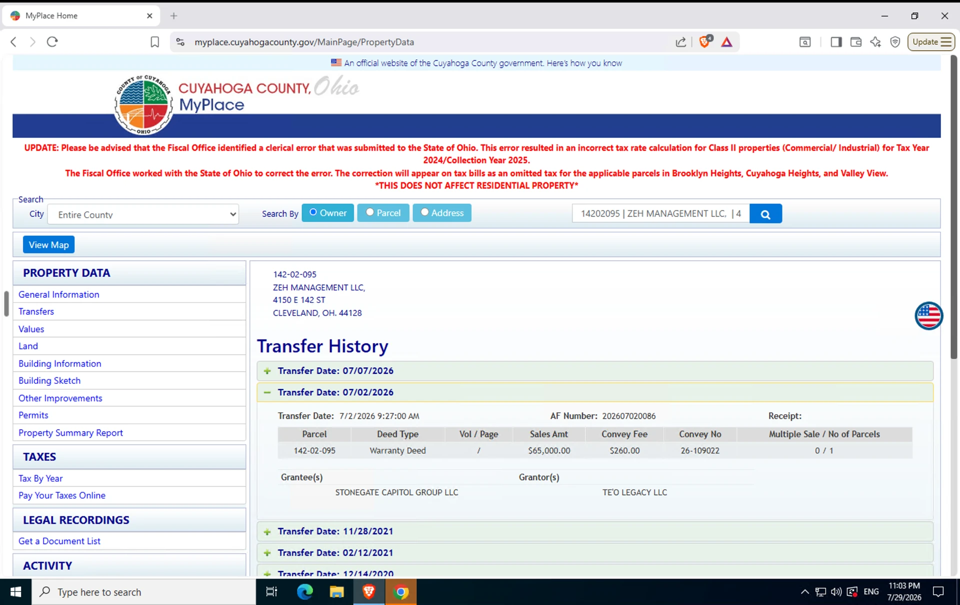 Cuyahoga County MyPlace transfer history showing parcel 142-02-095 conveyed by warranty deed to Stonegate Capital Group LLC on 7/2/2026
